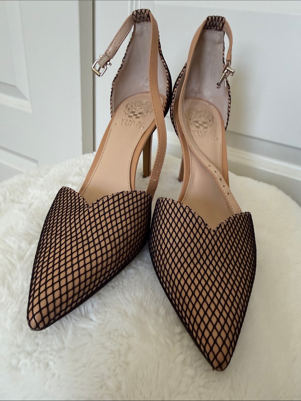 Vince Camuto Nude and Black Mesh Pointed Slingback Pumps